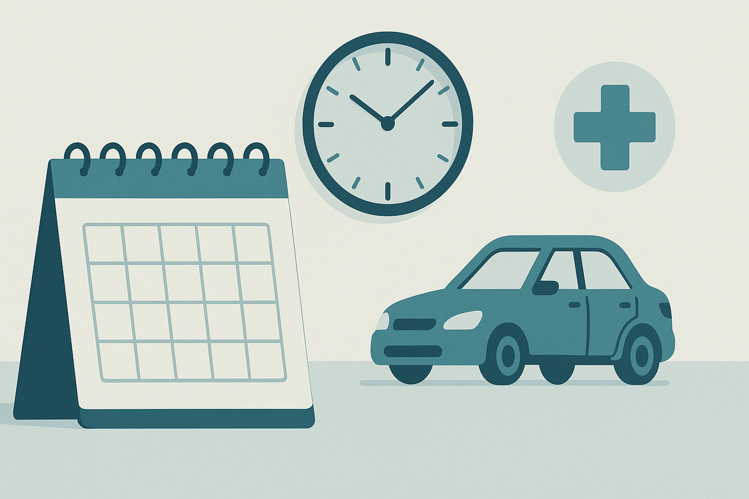 A calm illustration of a calendar counting down 14 days after a car accident, in teal and navy tones