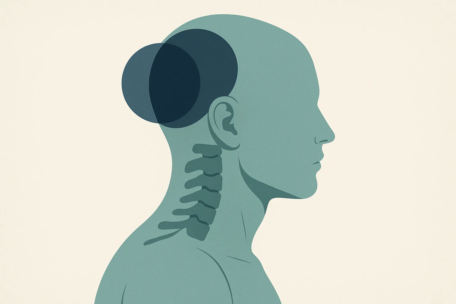 An illustration showing the neck, base of the skull, and head areas where post-crash headaches originate, in teal and navy tones
