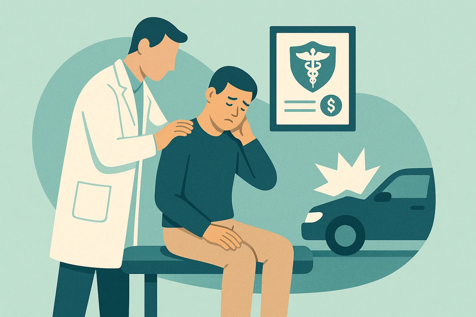 An illustration explaining how Florida PIP insurance pays for car accident medical care, in teal and navy tones
