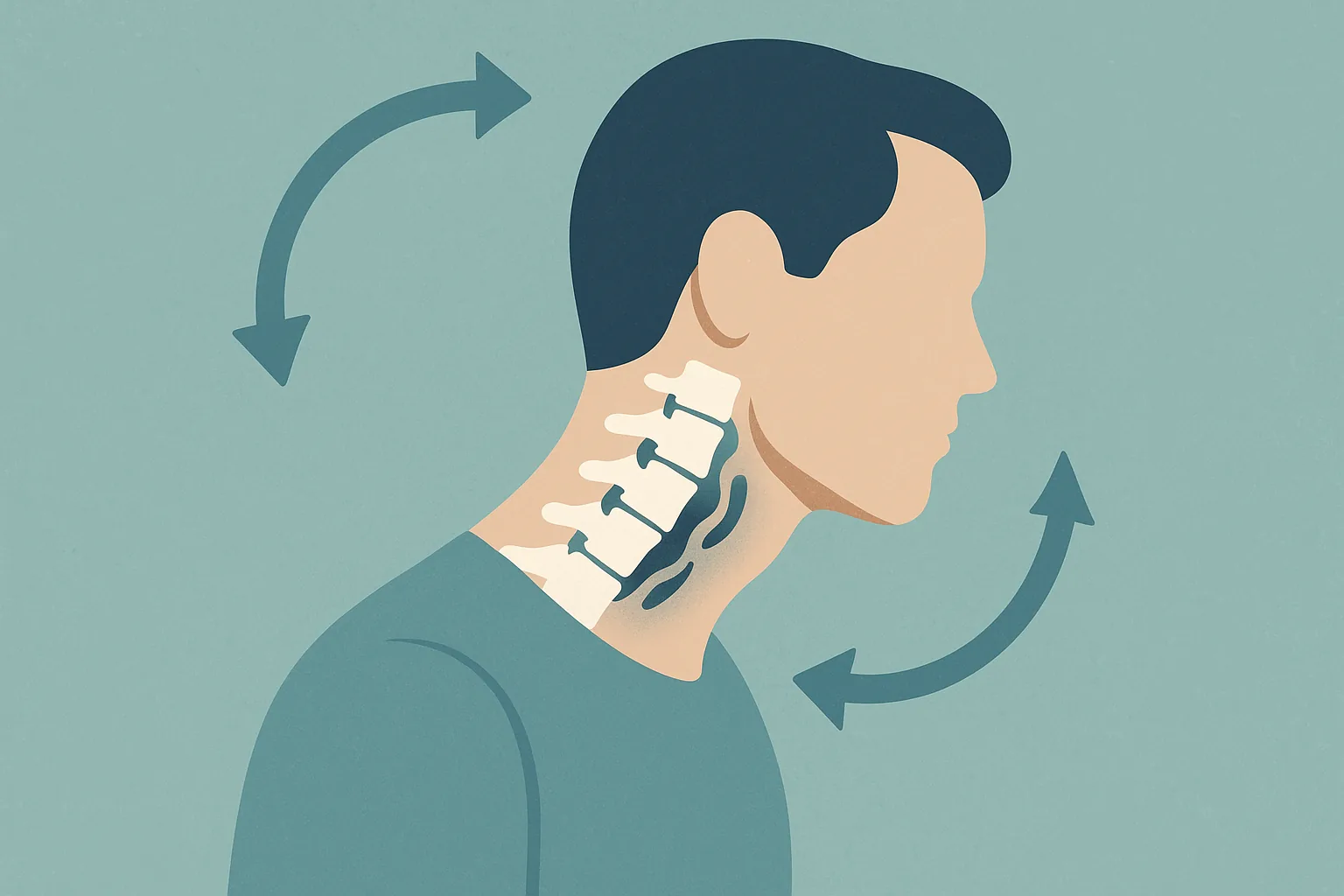 An illustration of the neck showing how a rapid back-and-forth motion strains the soft tissues in a whiplash injury, in teal and navy tones