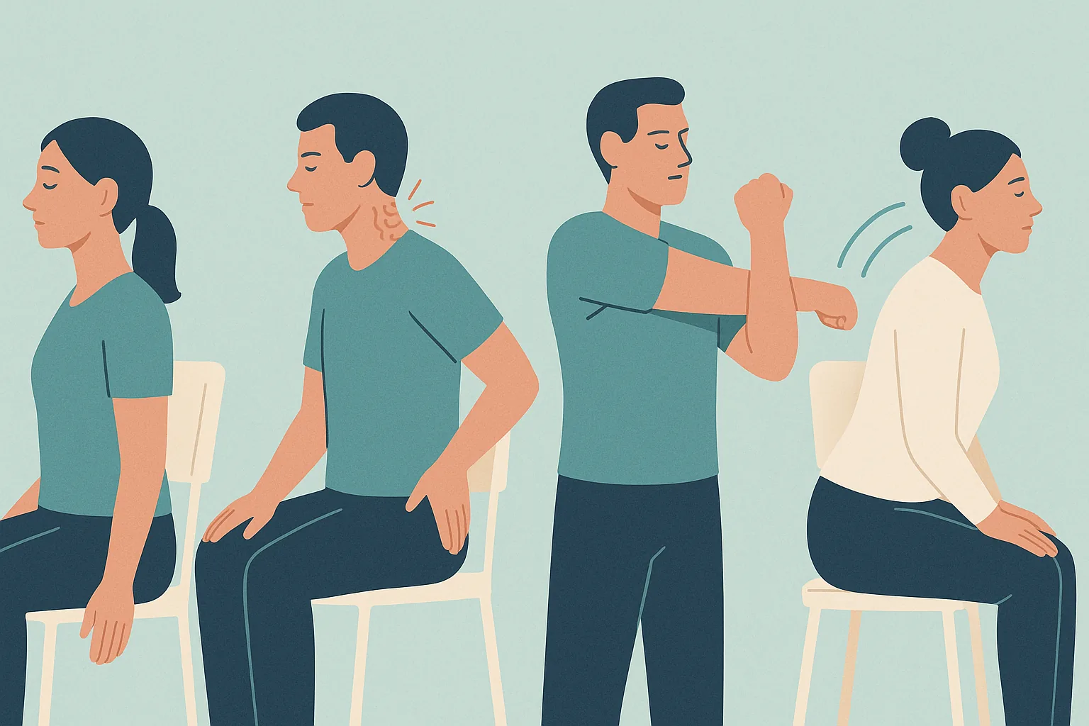A calm illustration of gentle stretches and posture changes that help relieve a pinched nerve, in teal and navy tones