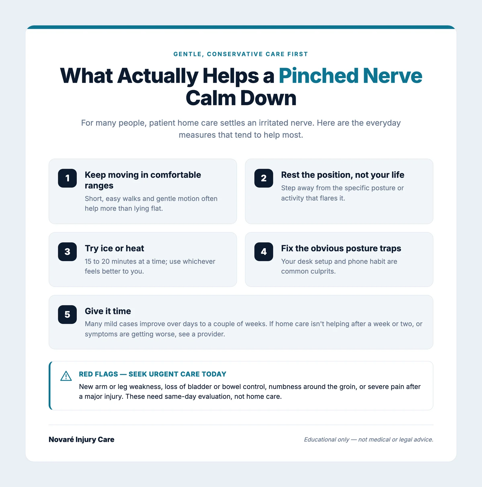 Infographic titled What Helps a Pinched Nerve, a numbered guide from gentle movement through when to see a provider, in teal and navy