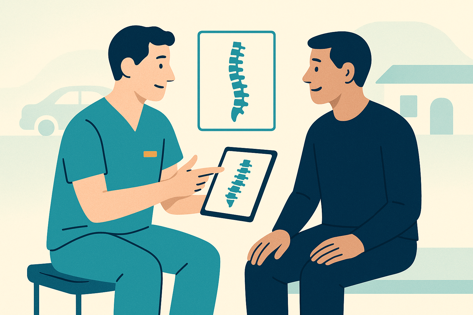 A calm illustration of a person consulting a clinician after a minor car accident, in teal and navy tones