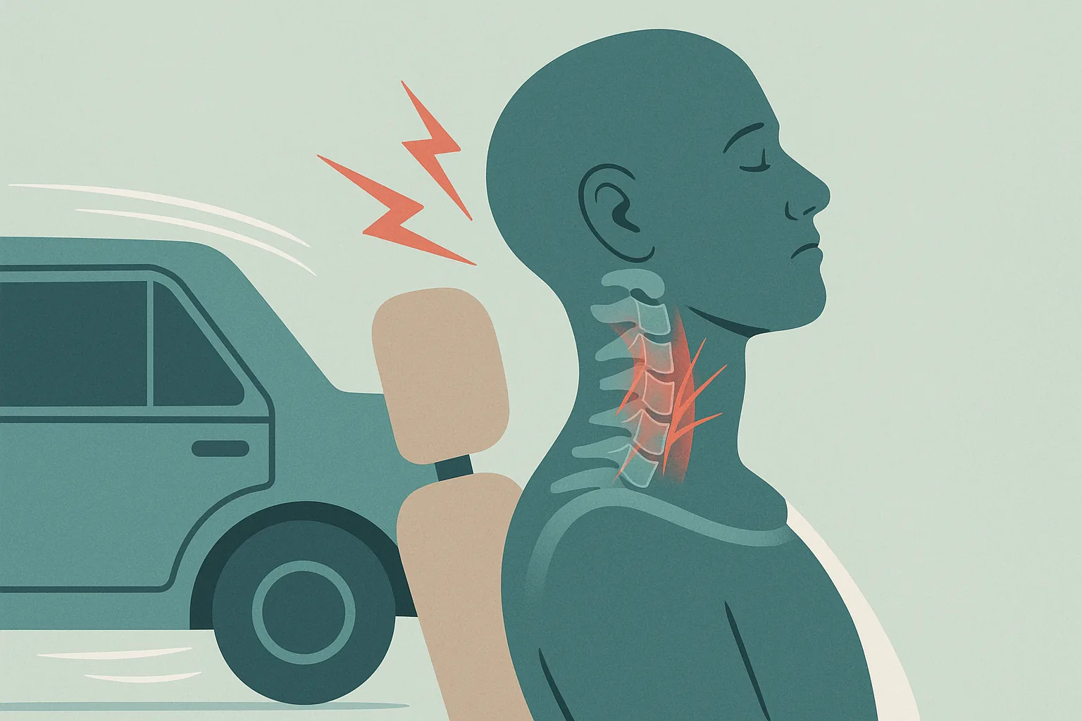 A clear illustration of the neck showing how a whiplash injury strains the muscles, ligaments, and joints during a car accident, in teal and navy tones